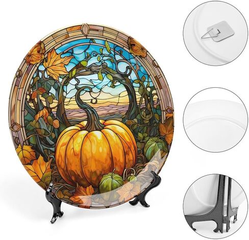 Decorative Plates, Fall Maple & Pumpkin Stained Glass Design Ceramic Dinner Plate Home Wobble-Plate with Display Stand, Wall Hanging Decor for Kitchen Household 10 Inch, Gifts for Thanksgiving in Kuwait