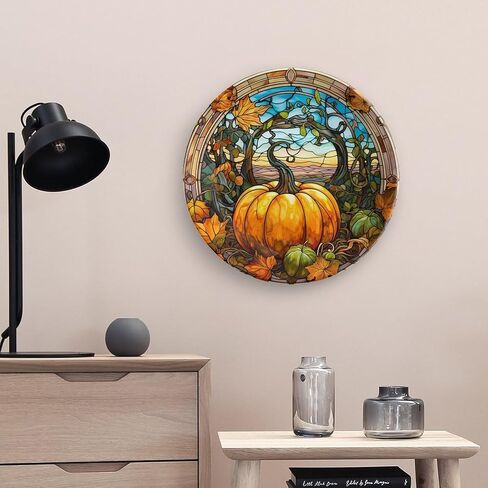 Decorative Plates, Fall Maple & Pumpkin Stained Glass Design Ceramic Dinner Plate Home Wobble-Plate with Display Stand, Wall Hanging Decor for Kitchen Household 10 Inch, Gifts for Thanksgiving in Kuwait