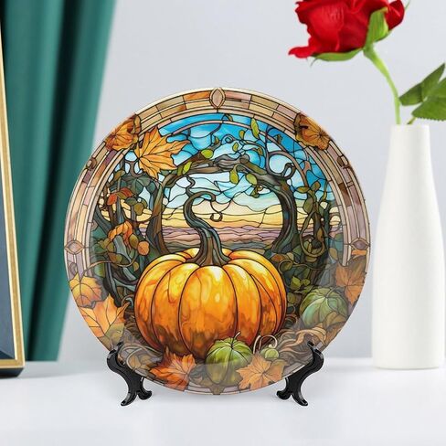 Decorative Plates, Fall Maple & Pumpkin Stained Glass Design Ceramic Dinner Plate Home Wobble-Plate with Display Stand, Wall Hanging Decor for Kitchen Household 10 Inch, Gifts for Thanksgiving in Kuwait