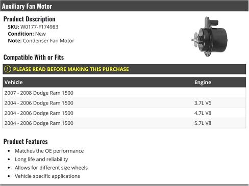 Auxiliary Condenser Fan Motor - Compatible with 2004-2008 Dodge Ram 1500 in Saudi Arabia