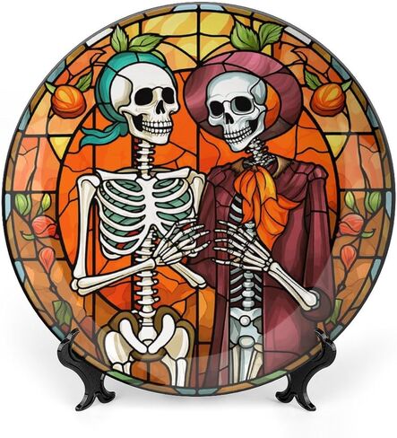 Halloween Decorative Plates, Haunted House Night Scene Stained Glass Print Ceramic Dinner Plate Home Wobble-Plate w/ Display Stand, Wall Hanging Decor for Living Dining Room Kitchen Household 10 Inch in Kuwait