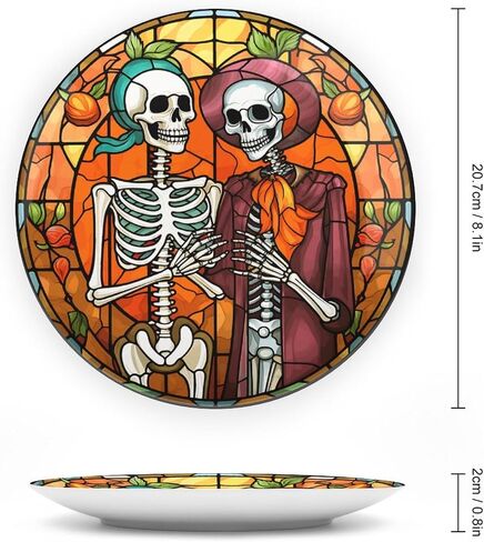 Halloween Decorative Plates, Haunted House Night Scene Stained Glass Print Ceramic Dinner Plate Home Wobble-Plate w/ Display Stand, Wall Hanging Decor for Living Dining Room Kitchen Household 10 Inch in Kuwait