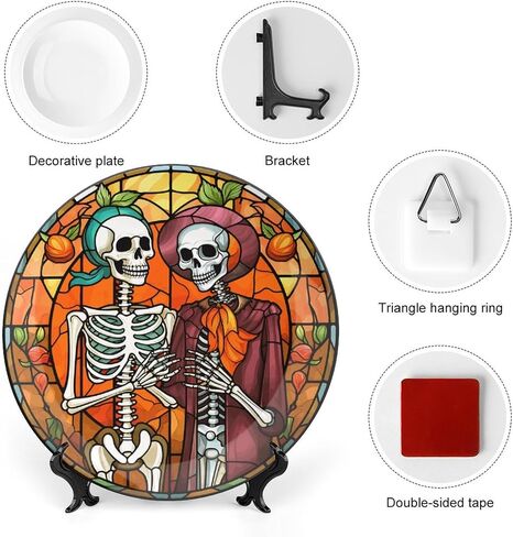 Halloween Decorative Plates, Haunted House Night Scene Stained Glass Print Ceramic Dinner Plate Home Wobble-Plate w/ Display Stand, Wall Hanging Decor for Living Dining Room Kitchen Household 10 Inch in Kuwait