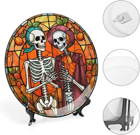 Halloween Decorative Plates, Haunted House Night Scene Stained Glass Print Ceramic Dinner Plate Home Wobble-Plate w/ Display Stand, Wall Hanging Decor for Living Dining Room Kitchen Household 10 Inch in Kuwait