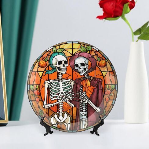 Halloween Decorative Plates, Haunted House Night Scene Stained Glass Print Ceramic Dinner Plate Home Wobble-Plate w/ Display Stand, Wall Hanging Decor for Living Dining Room Kitchen Household 10 Inch in Kuwait