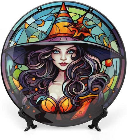 Halloween Decorative Plates, Haunted House Night Scene Stained Glass Print Ceramic Dinner Plate Home Wobble-Plate w/ Display Stand, Wall Hanging Decor for Living Dining Room Kitchen Household 10 Inch in Kuwait