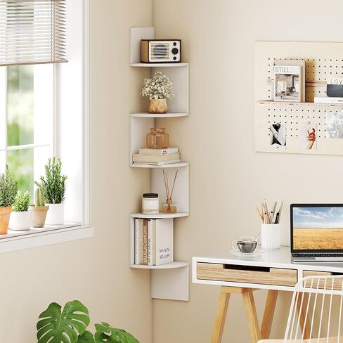 Giantex Corner Shelf Wall Mounted, 5-Tier Floating Corner Bookshelf, Home Storage Organizer, Wooden Display Stand Rack for Wall, Plant Shelf for Living Room, Bedroom, Kitchen (1,White) in Saudi Arabia