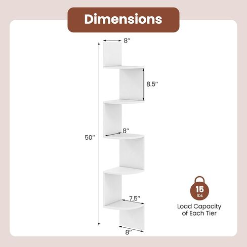 Giantex Corner Shelf Wall Mounted, 5-Tier Floating Corner Bookshelf, Home Storage Organizer, Wooden Display Stand Rack for Wall, Plant Shelf for Living Room, Bedroom, Kitchen (1,White) in Saudi Arabia