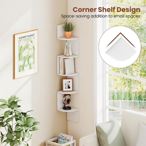 Giantex Corner Shelf Wall Mounted, 5-Tier Floating Corner Bookshelf, Home Storage Organizer, Wooden Display Stand Rack for Wall, Plant Shelf for Living Room, Bedroom, Kitchen (1,White) in Saudi Arabia