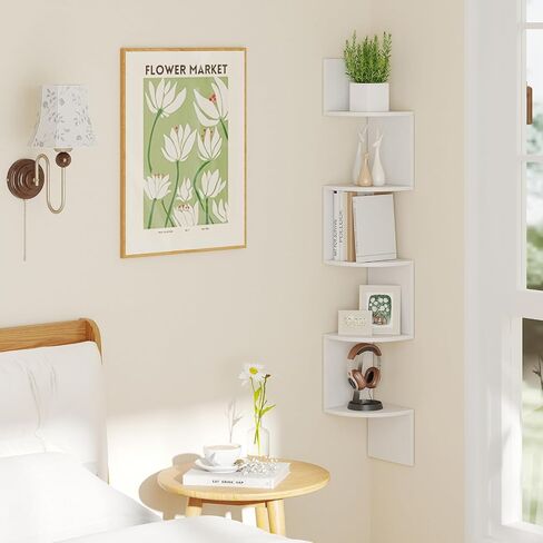 Giantex Corner Shelf Wall Mounted, 5-Tier Floating Corner Bookshelf, Home Storage Organizer, Wooden Display Stand Rack for Wall, Plant Shelf for Living Room, Bedroom, Kitchen (1,White) in Saudi Arabia