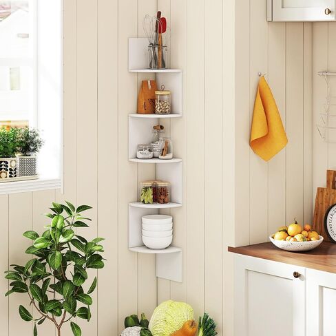 Giantex Corner Shelf Wall Mounted, 5-Tier Floating Corner Bookshelf, Home Storage Organizer, Wooden Display Stand Rack for Wall, Plant Shelf for Living Room, Bedroom, Kitchen (1,White) in Saudi Arabia