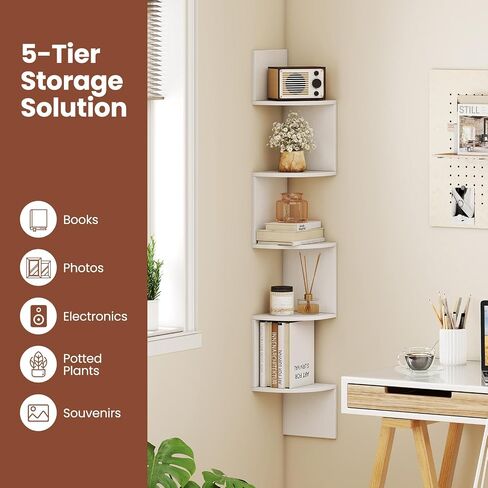 Giantex Corner Shelf Wall Mounted, 5-Tier Floating Corner Bookshelf, Home Storage Organizer, Wooden Display Stand Rack for Wall, Plant Shelf for Living Room, Bedroom, Kitchen (1,White) in Saudi Arabia