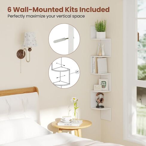 Giantex Corner Shelf Wall Mounted, 5-Tier Floating Corner Bookshelf, Home Storage Organizer, Wooden Display Stand Rack for Wall, Plant Shelf for Living Room, Bedroom, Kitchen (1,White) in Saudi Arabia