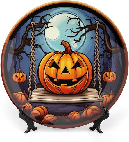 Halloween Decorative Plates, Black Cat And Pumpkin Stained Glass Print Ceramic Dinner Plate Home Wobble-Plate with Display Stand, Wall Hanging Decor for Living Dining Room Kitchen Household 10 Inch in Kuwait