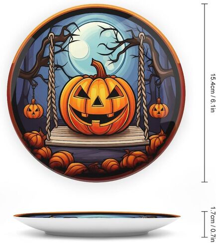 Halloween Decorative Plates, Black Cat And Pumpkin Stained Glass Print Ceramic Dinner Plate Home Wobble-Plate with Display Stand, Wall Hanging Decor for Living Dining Room Kitchen Household 10 Inch in Kuwait