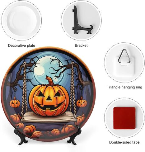 Halloween Decorative Plates, Black Cat And Pumpkin Stained Glass Print Ceramic Dinner Plate Home Wobble-Plate with Display Stand, Wall Hanging Decor for Living Dining Room Kitchen Household 10 Inch in Kuwait