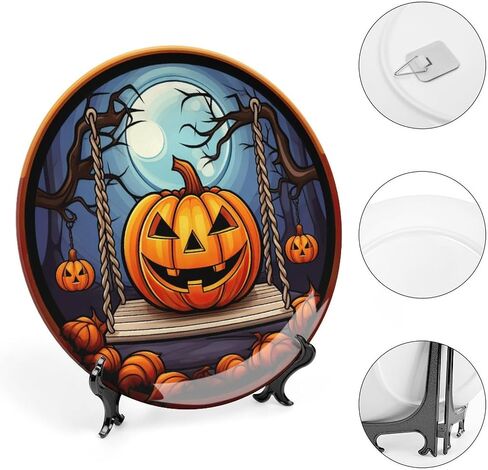Halloween Decorative Plates, Black Cat And Pumpkin Stained Glass Print Ceramic Dinner Plate Home Wobble-Plate with Display Stand, Wall Hanging Decor for Living Dining Room Kitchen Household 10 Inch in Kuwait