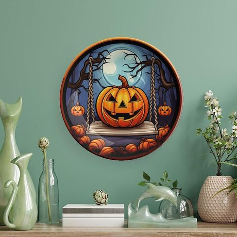 Halloween Decorative Plates, Black Cat And Pumpkin Stained Glass Print Ceramic Dinner Plate Home Wobble-Plate with Display Stand, Wall Hanging Decor for Living Dining Room Kitchen Household 10 Inch in Kuwait