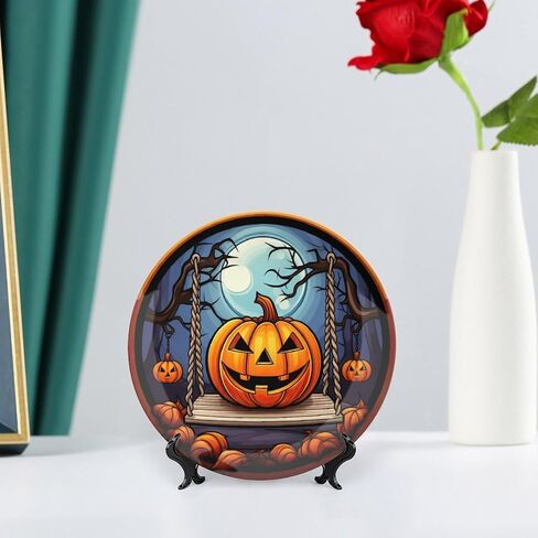 Halloween Decorative Plates, Black Cat And Pumpkin Stained Glass Print Ceramic Dinner Plate Home Wobble-Plate with Display Stand, Wall Hanging Decor for Living Dining Room Kitchen Household 10 Inch in Kuwait