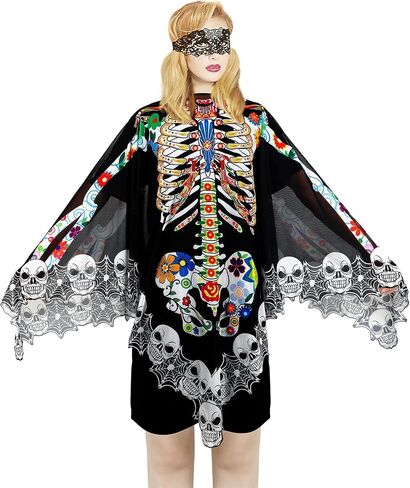Halloween Skeleton Poncho, Lace Skeleton Halloween Costume Poncho Day of The Dead Colorful Poncho for Women, 59 inch×59 inch in Saudi Arabia