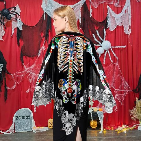Halloween Skeleton Poncho, Lace Skeleton Halloween Costume Poncho Day of The Dead Colorful Poncho for Women, 59 inch×59 inch in Saudi Arabia