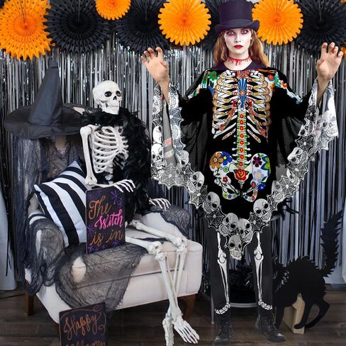 Halloween Skeleton Poncho, Lace Skeleton Halloween Costume Poncho Day of The Dead Colorful Poncho for Women, 59 inch×59 inch in Saudi Arabia