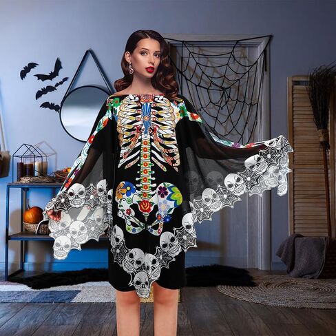 Halloween Skeleton Poncho, Lace Skeleton Halloween Costume Poncho Day of The Dead Colorful Poncho for Women, 59 inch×59 inch in Saudi Arabia