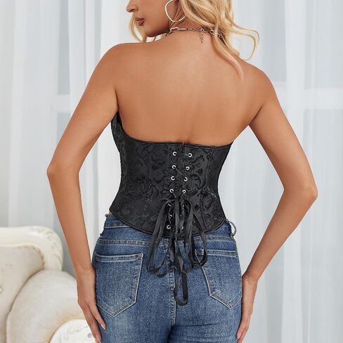 WHIPPY Corset Tops for Women Vintage Lace Up Overbust Bustier Floral Embroidery Strapless Corset Bustier Bodyshaper Crop Top in Saudi Arabia