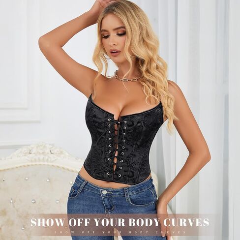 WHIPPY Corset Tops for Women Vintage Lace Up Overbust Bustier Floral Embroidery Strapless Corset Bustier Bodyshaper Crop Top in Saudi Arabia