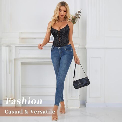 WHIPPY Corset Tops for Women Vintage Lace Up Overbust Bustier Floral Embroidery Strapless Corset Bustier Bodyshaper Crop Top in Saudi Arabia