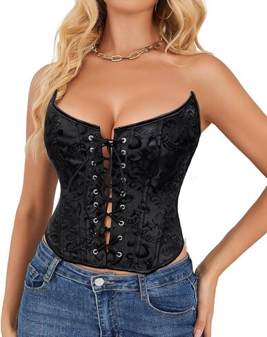 WHIPPY Corset Tops for Women Vintage Lace Up Overbust Bustier Floral Embroidery Strapless Corset Bustier Bodyshaper Crop Top in Saudi Arabia