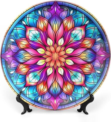 Decorative Plates, Fall Maple & Pumpkin Stained Glass Design Ceramic Dinner Plate Home Wobble-Plate with Display Stand, Wall Hanging Decor for Kitchen Household 10 Inch, Gifts for Thanksgiving in Kuwait