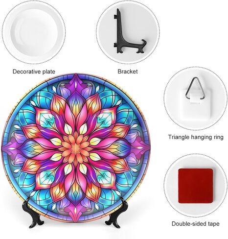 Decorative Plates, Fall Maple & Pumpkin Stained Glass Design Ceramic Dinner Plate Home Wobble-Plate with Display Stand, Wall Hanging Decor for Kitchen Household 10 Inch, Gifts for Thanksgiving in Kuwait