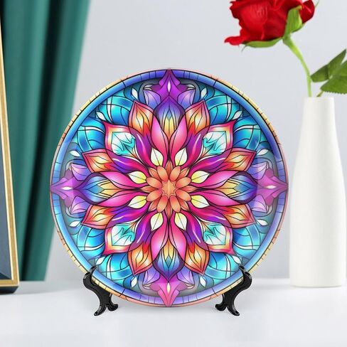 Decorative Plates, Fall Maple & Pumpkin Stained Glass Design Ceramic Dinner Plate Home Wobble-Plate with Display Stand, Wall Hanging Decor for Kitchen Household 10 Inch, Gifts for Thanksgiving in Kuwait