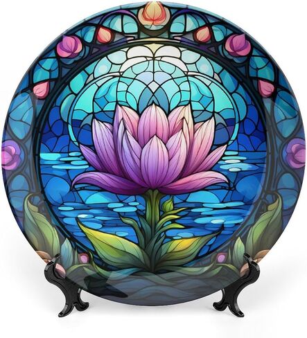 Decorative Plates, Fall Maple & Pumpkin Stained Glass Design Ceramic Dinner Plate Home Wobble-Plate with Display Stand, Wall Hanging Decor for Kitchen Household 10 Inch, Gifts for Thanksgiving in Kuwait