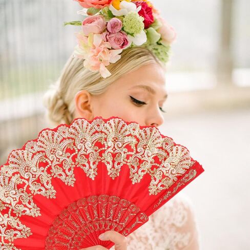 InnoLife Spanish Porto Retro Pattern Hand Fan for Women ، Fan Hand Fan Than الصينية المحمولة للرقص لحفلات الزفاف والزخارف المنزلية (أحمر) in Kuwait