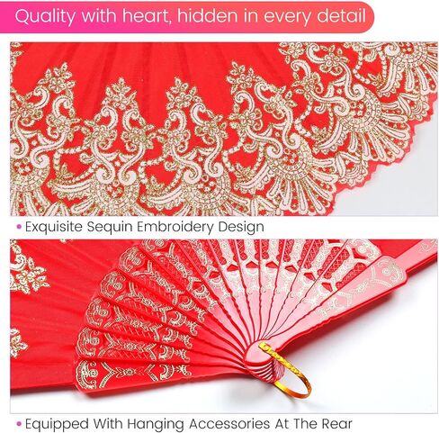 InnoLife Spanish Porto Retro Pattern Hand Fan for Women ، Fan Hand Fan Than الصينية المحمولة للرقص لحفلات الزفاف والزخارف المنزلية (أحمر) in Kuwait
