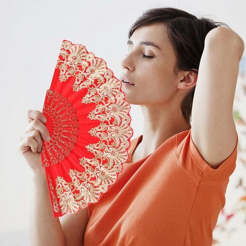 InnoLife Spanish Porto Retro Pattern Hand Fan for Women ، Fan Hand Fan Than الصينية المحمولة للرقص لحفلات الزفاف والزخارف المنزلية (أحمر) in Kuwait