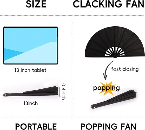 13 Inch Large Rave Fan Popping Fan Portable Clacking Fans for Line Dancing, Boots on The Ground Fan, Foldable Hand Fans for Women, Outdoor, Wedding, Party, Decoration (Black 1 Pack) in Saudi Arabia