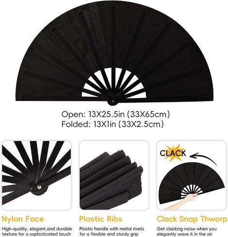 13 Inch Large Rave Fan Popping Fan Portable Clacking Fans for Line Dancing, Boots on The Ground Fan, Foldable Hand Fans for Women, Outdoor, Wedding, Party, Decoration (Black 1 Pack) in Saudi Arabia