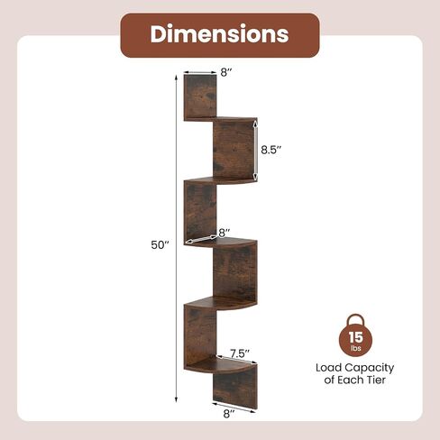 Giantex Corner Shelf Wall Mounted, 5-Tier Floating Corner Bookshelf, Home Storage Organizer, Wooden Display Stand Rack for Wall, Plant Shelf for Living Room, Bedroom, Kitchen (1,White) in Saudi Arabia