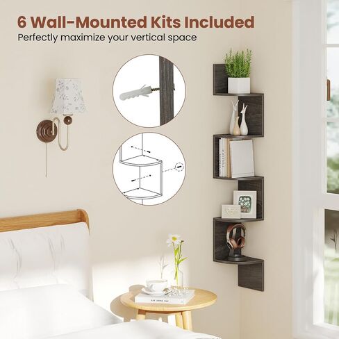Giantex Corner Shelf Wall Mounted, 5-Tier Floating Corner Bookshelf, Home Storage Organizer, Wooden Display Stand Rack for Wall, Plant Shelf for Living Room, Bedroom, Kitchen (1,White) in Saudi Arabia