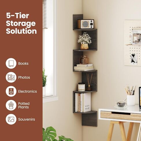 Giantex Corner Shelf Wall Mounted, 5-Tier Floating Corner Bookshelf, Home Storage Organizer, Wooden Display Stand Rack for Wall, Plant Shelf for Living Room, Bedroom, Kitchen (1,White) in Saudi Arabia