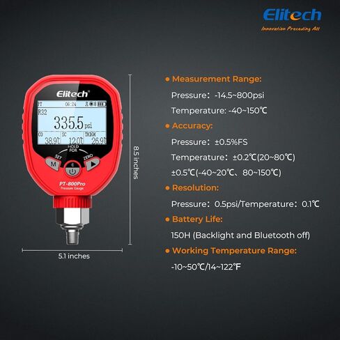 Elitech PGW-800 HVAC Digital High Pressure Gauge IP65 Waterproof -14.5~800 PSI 1/8'' NPT in Kuwait