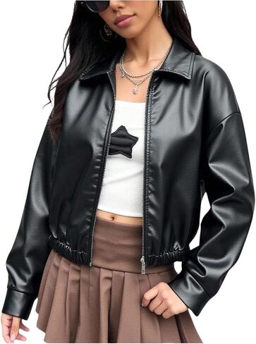 Girl's PU Leather Jacket Long Sleeve Y2k Jackets Collared Neck Motorcycle Coat Outerwear in Saudi Arabia