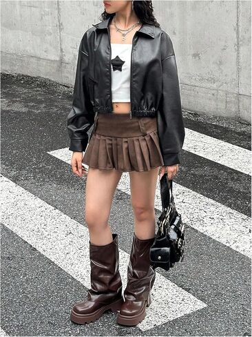 Girl's PU Leather Jacket Long Sleeve Y2k Jackets Collared Neck Motorcycle Coat Outerwear in Saudi Arabia