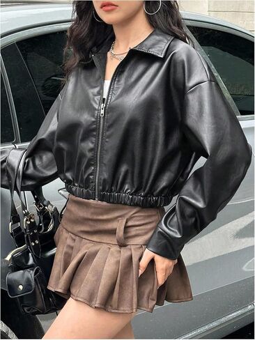 Girl's PU Leather Jacket Long Sleeve Y2k Jackets Collared Neck Motorcycle Coat Outerwear in Saudi Arabia