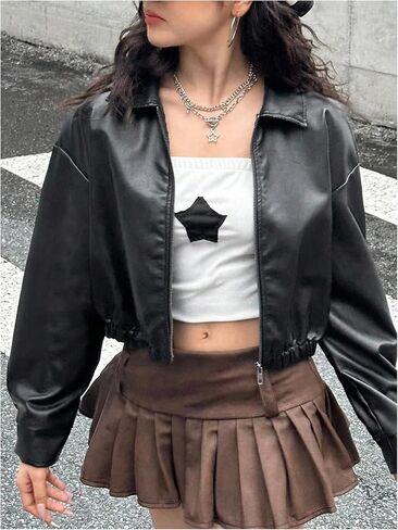 Girl's PU Leather Jacket Long Sleeve Y2k Jackets Collared Neck Motorcycle Coat Outerwear in Saudi Arabia