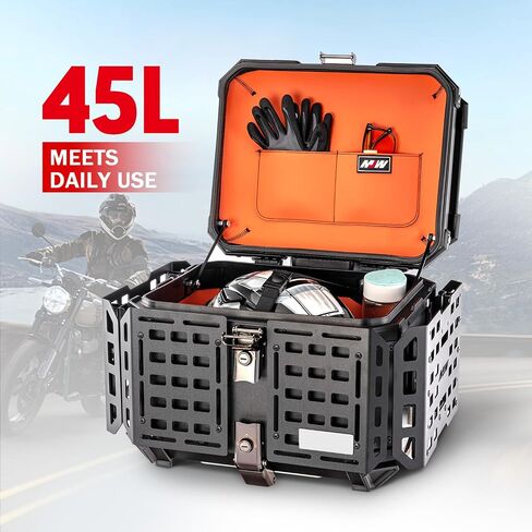 Motorcycle Top Case Universal Aluminum Motorbike Tail Box with Leather Lining 45L Waterproof Detachable Trunk Tour Pack w/Lock, Black w/Orange in Saudi Arabia