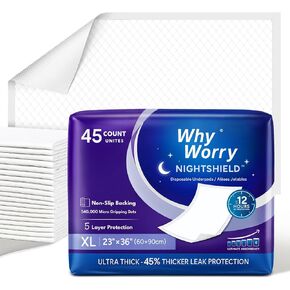 WhyWorry NightShield Incontinence Bed Pads for Adults with Non Slip Grip, 23" x 36" Extra Large Chucks Pads for Women and Men, Waterproof Disposable Underpads, Odor Control, Slip Resistant, 45 Count in Saudi Arabia